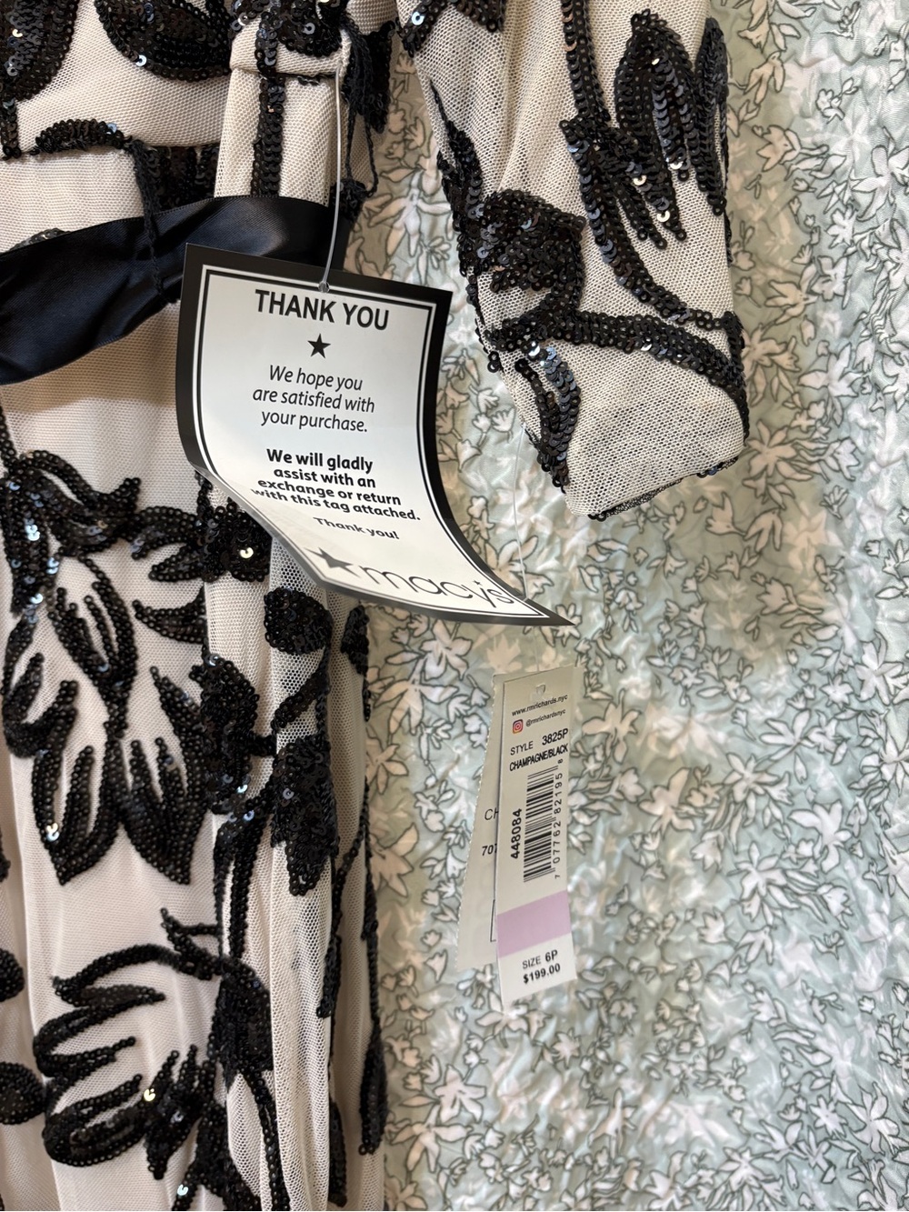 R&M Richards Cream Dress with Black Sequin Floral Embroidery and Satin Sash - Picture 6 of 9